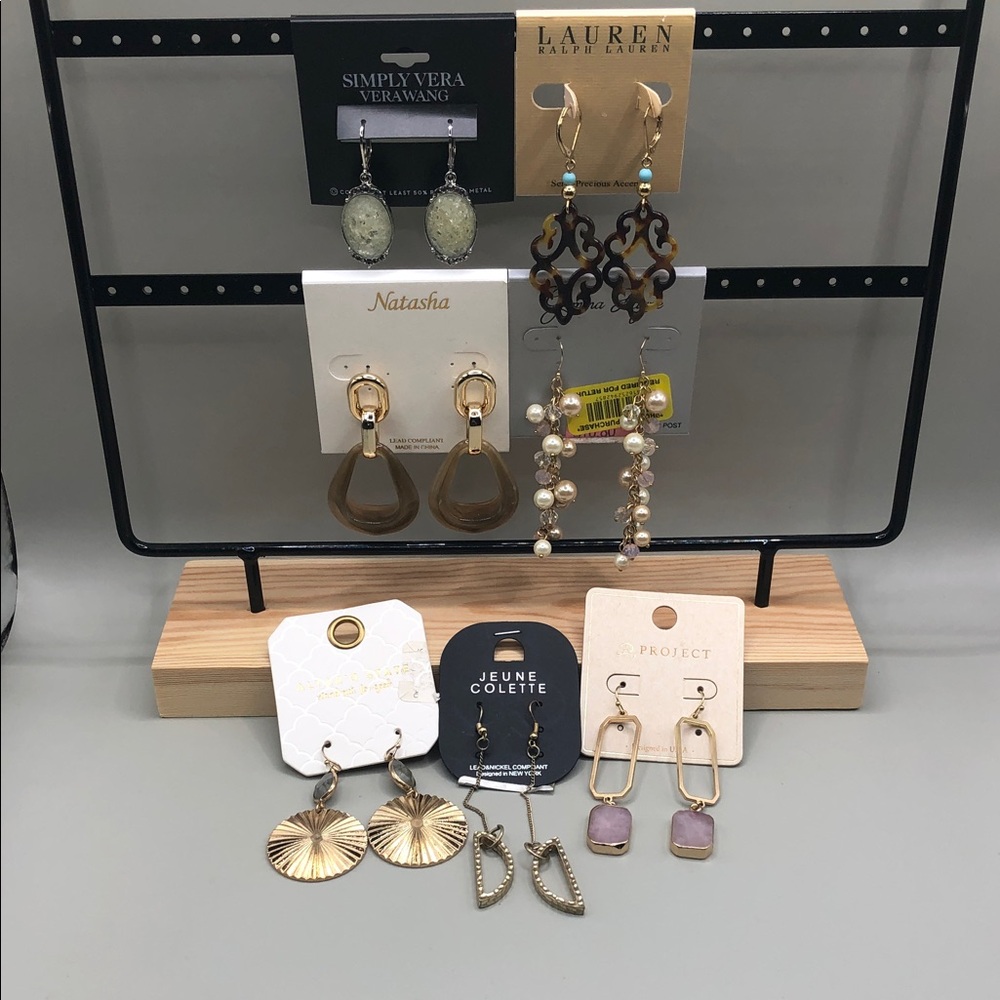 Bundle 7 trendy statement style long dangle drop dress up earrings name brands.